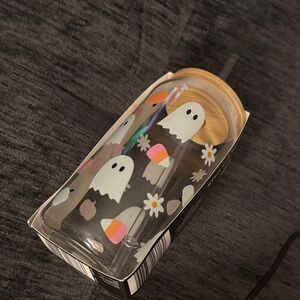 Ghost & Candy Patterned Glass Tumbler with Straw